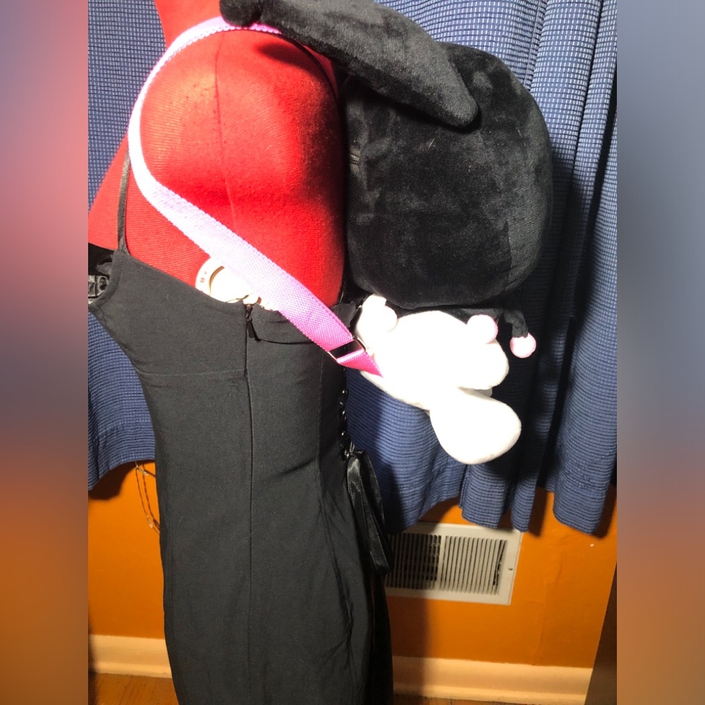 Kuromi Plush Backpack, featuring a zippered pouch and pink adjustable straps. - Picture 3 of 5